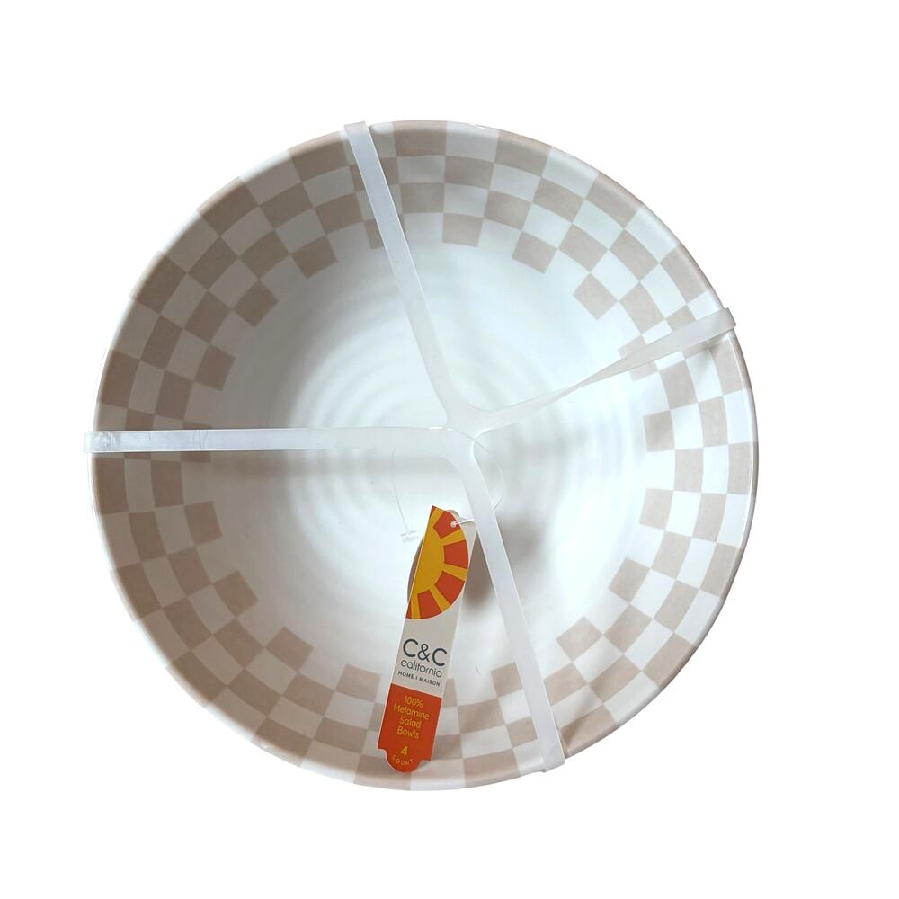 Taupe Checkered Melamine Salad Bowls 8in Set of 4 Indoor Outdoor NEW